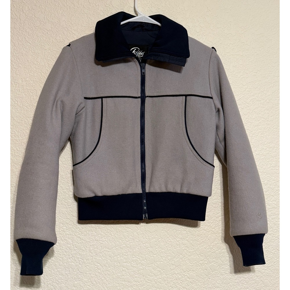 Vintage Roffe Skiwear Made in USA Gray Navy Blue Full Zip Bomber Jacket Mens S